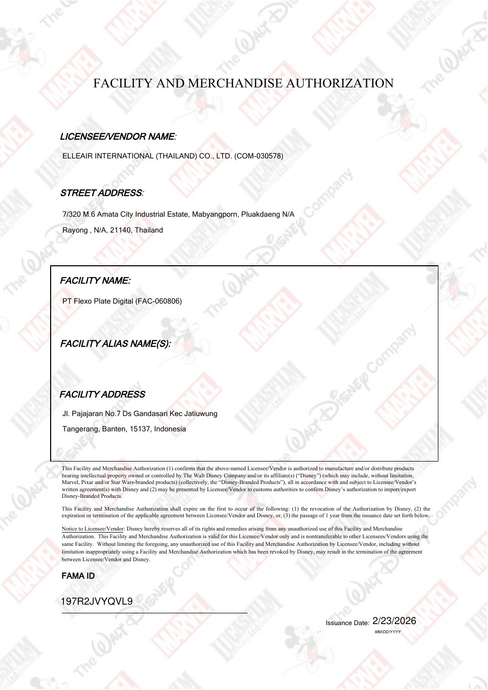 Disney Facility and Merchandise Authorization naming PT Flexo Plate Digital as the facility, issued February 23, 2026
